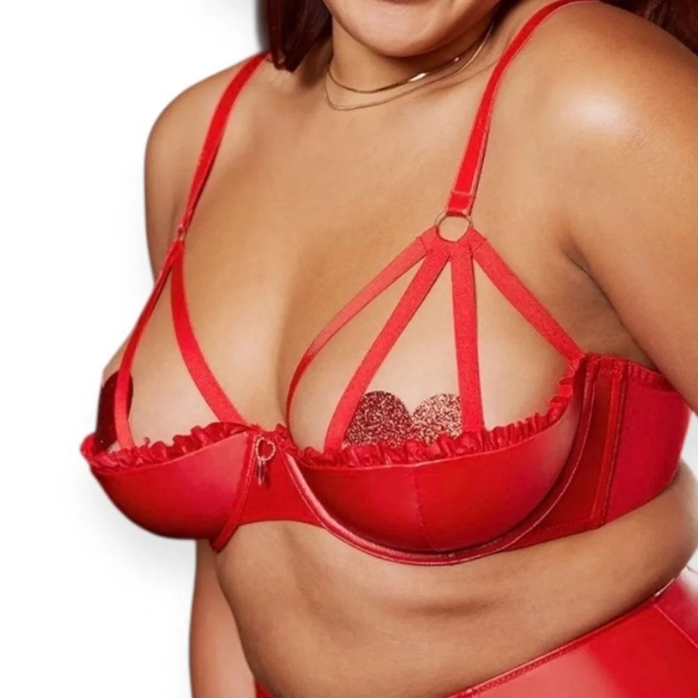 Savage X Fenty Red Glossy Flossy Caged Quarter Cup Bra Womens 32C Gogi Berry Red